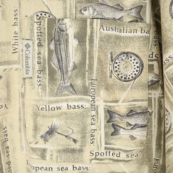 Columbia Shirt Mens Medium Beige Yellow Cotton Novelty Fishing Gorpcore Vintage - Picture 7 of 10